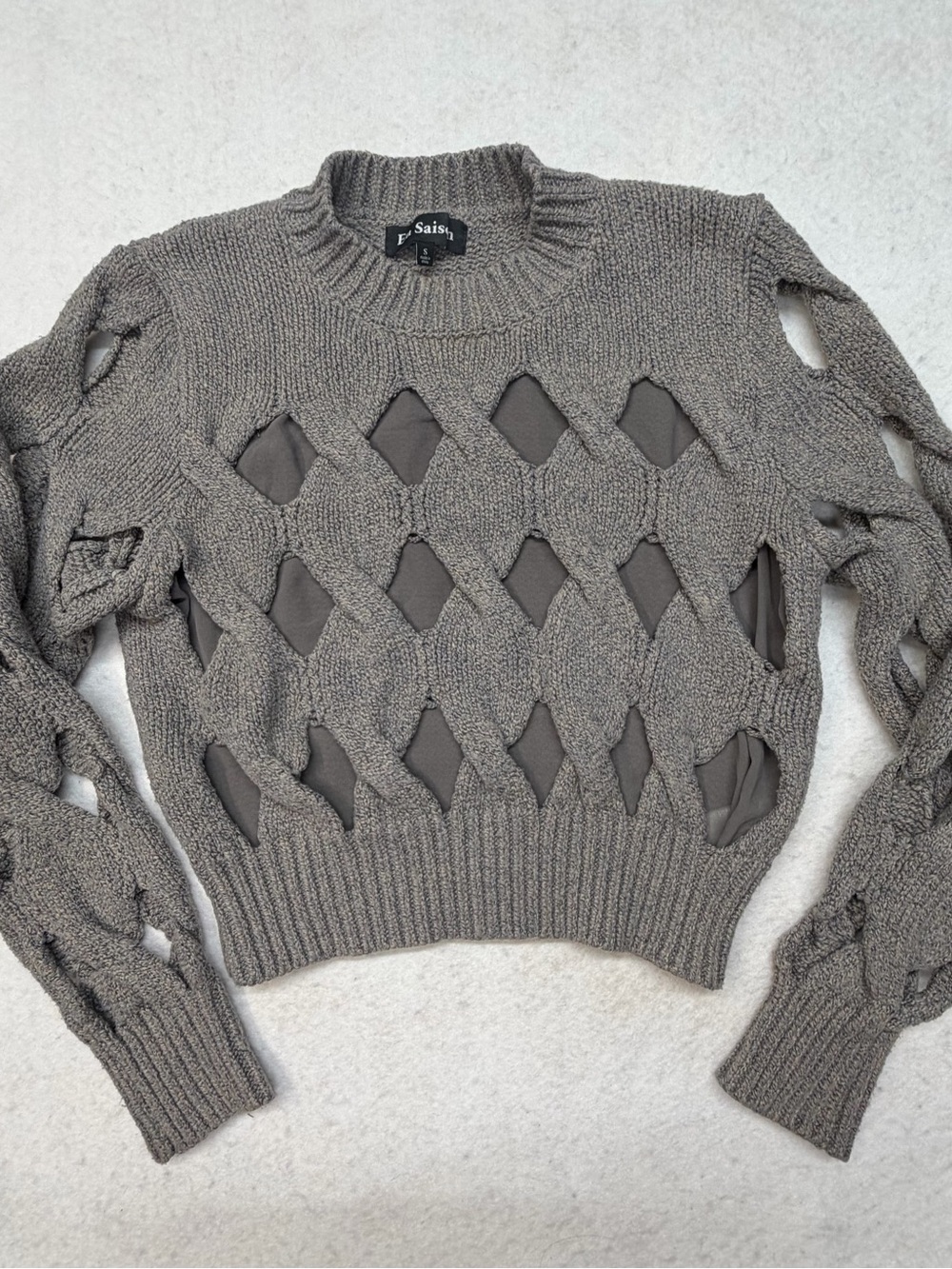 En Saison Gray Open Cable Knit Diamond Cutout Cropped Sweater Lined Small S